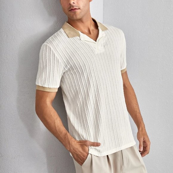 Beige Casual Mens Contrast Trim Textured Polo Shirt - Picture 5 of 5